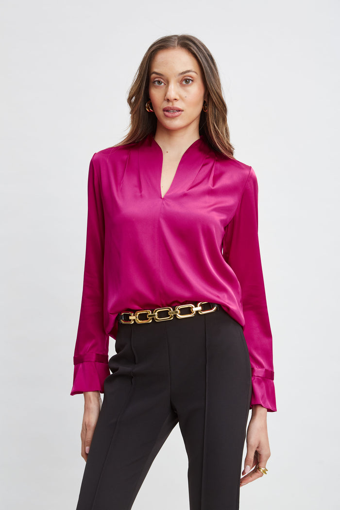 elie tahari Silk Satin Contour Neck Shirt ROSE