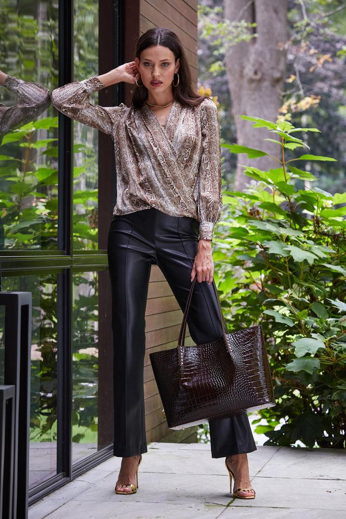 Elie Tahari Silk Satin Python Draped Shirt MULTI