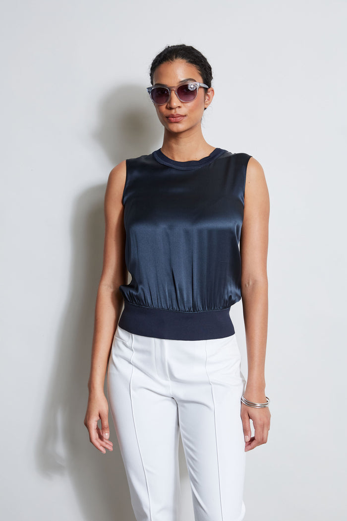 elie tahari Silk Satin Rib Shirt STARGAZER