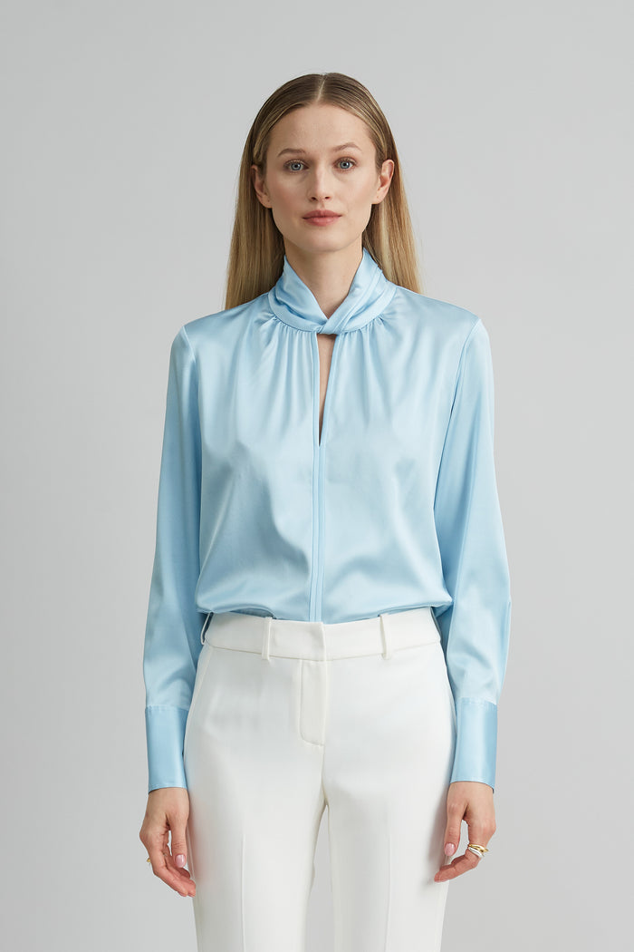 elie tahari Silk Satin Twist Shirt CRYSTAL BLUE