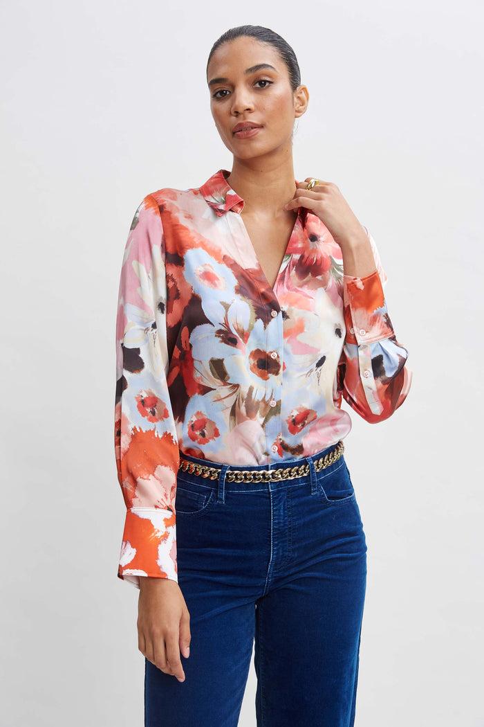 elie tahari Silk Satin Wintergarden Shirt MULTI