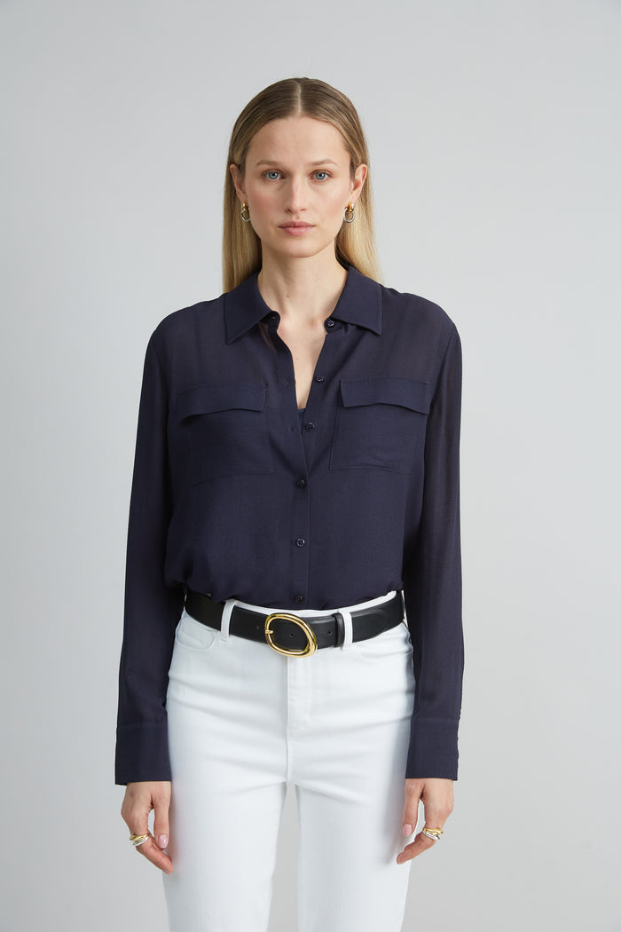elie tahari Silk Texture Utility Shirt INDIGO