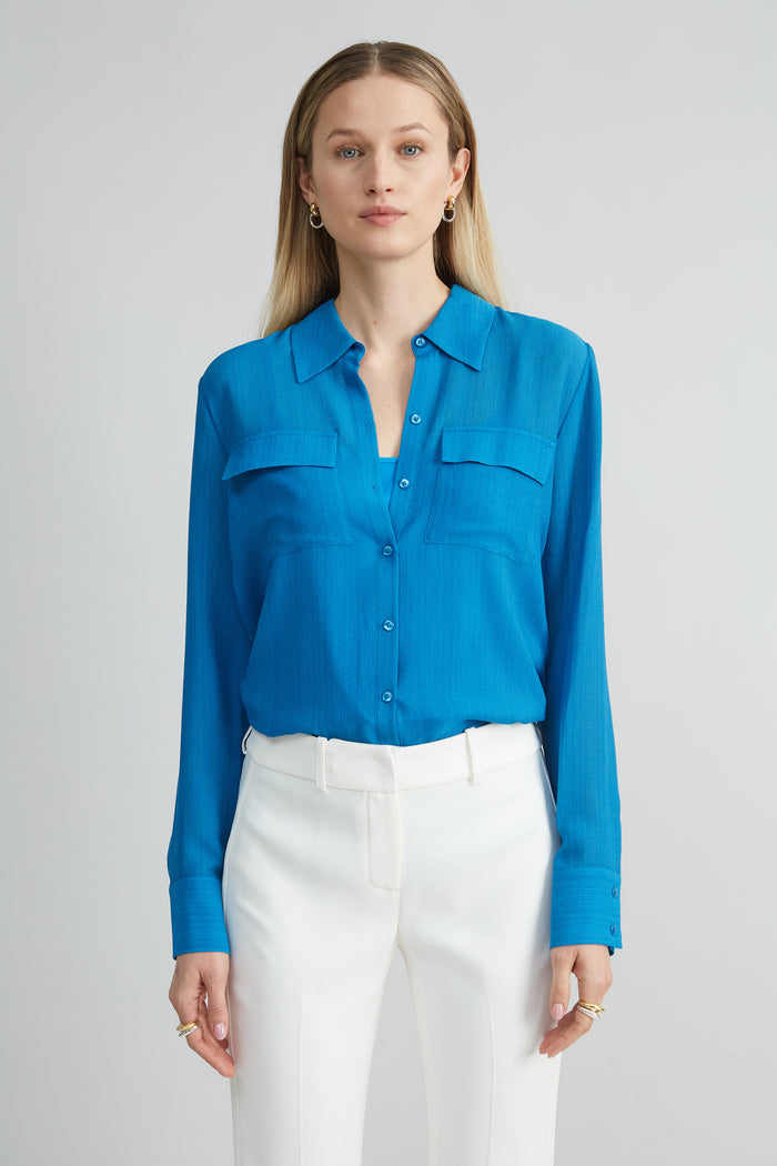 elie tahari Silk Texture Utility Shirt OCEAN