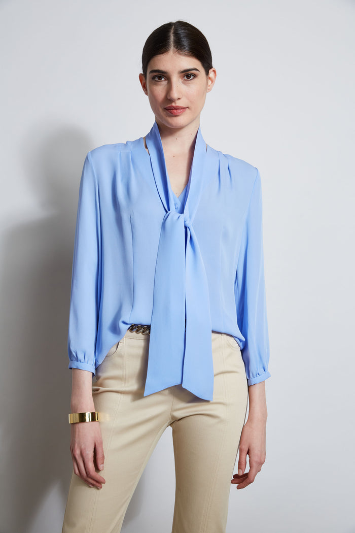 elie tahari Silk Tie Button Shirt HORIZON BLUE