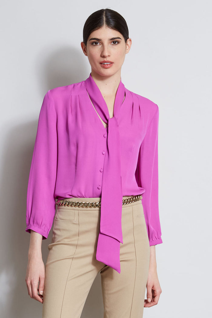 elie tahari Silk Tie Button Shirt PEONY