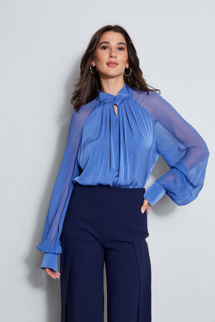 elie tahari Silk Twist Keyhole Shirt PARIS BLUE