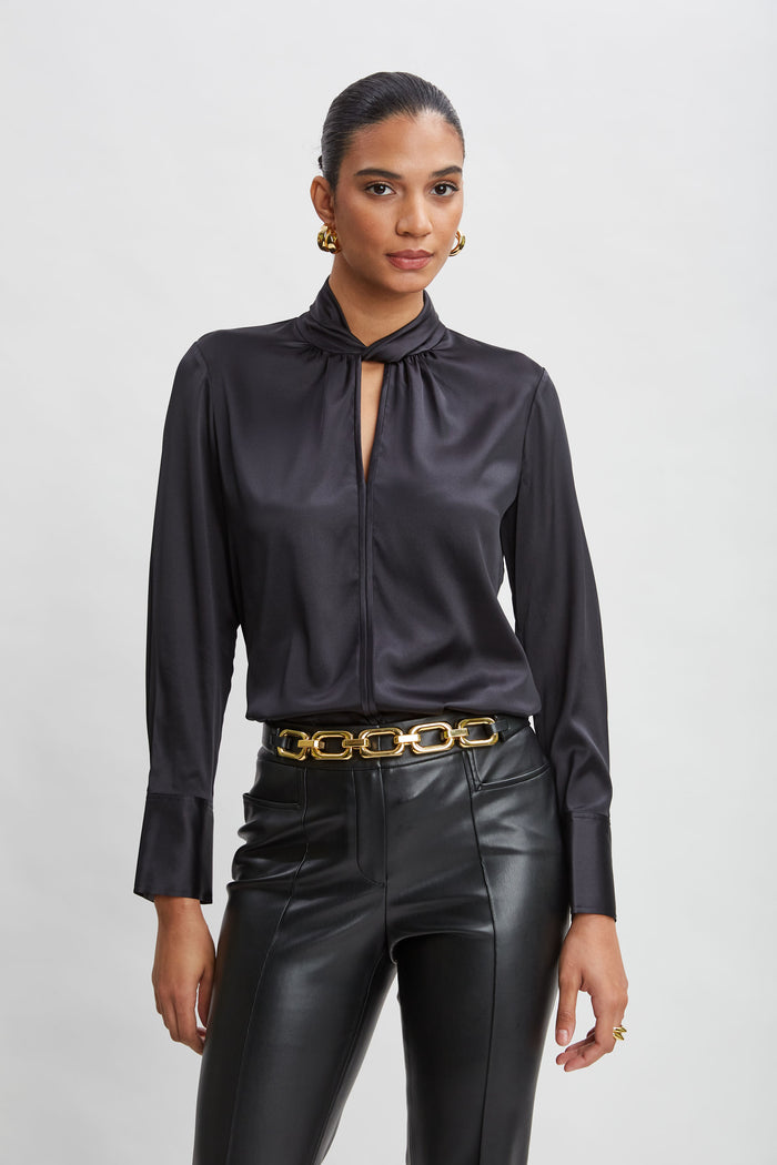 Elie Tahari Silk Twist Neck Shirt BLACK