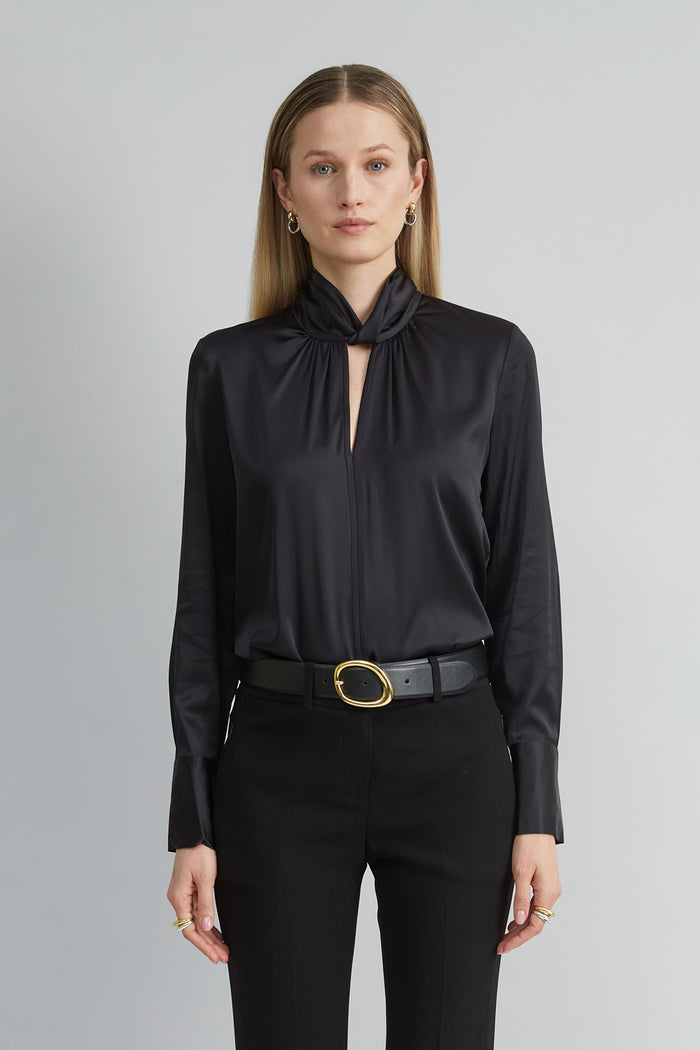elie tahari Silk Twist Neck Shirt BLACK