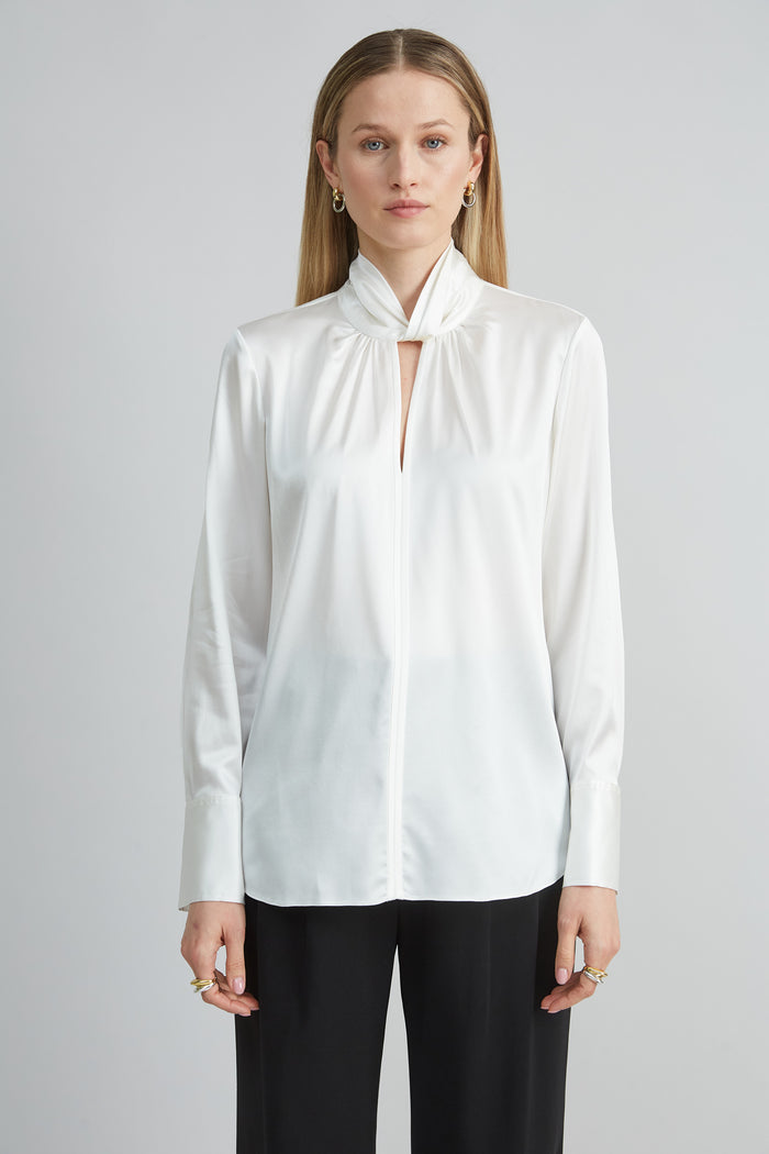 Elie Tahari Silk Twist Neck Shirt FRESH PEARL