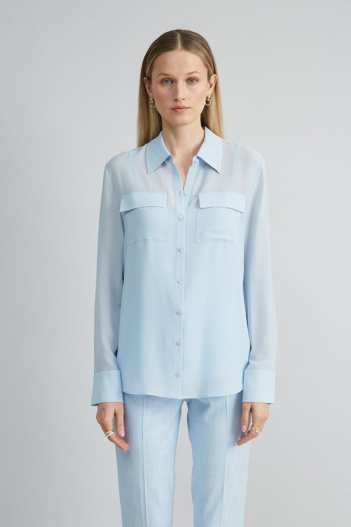 elie tahari Silk Utility Texture Shirt MIST BLUE