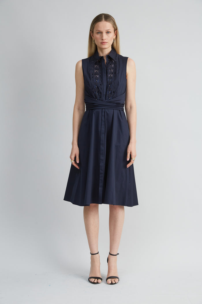 elie tahari Sleeveless Cotton Tie Dress STARGAZER
