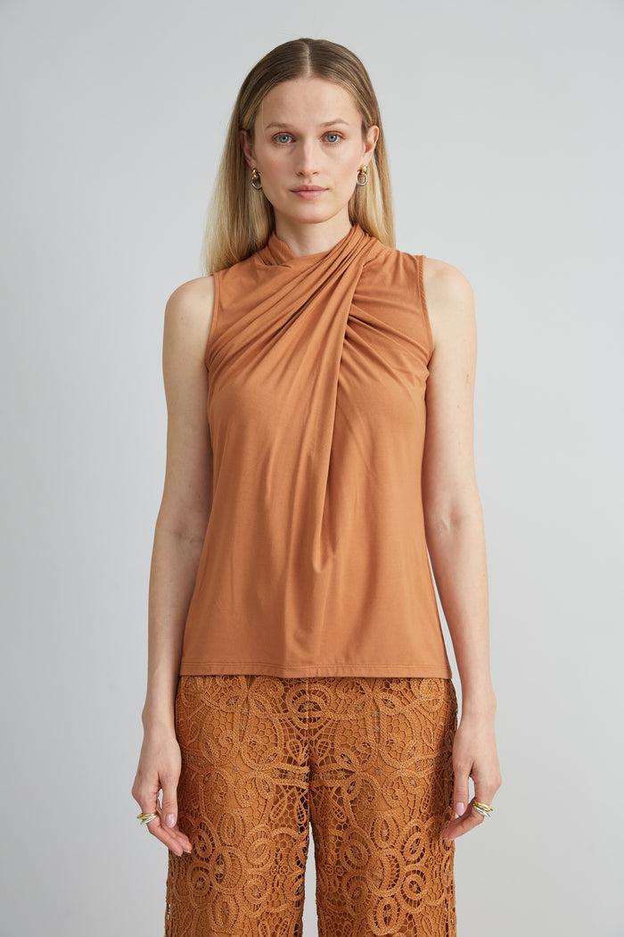 elie tahari Sleeveless Twist Neck Knit CARAMEL
