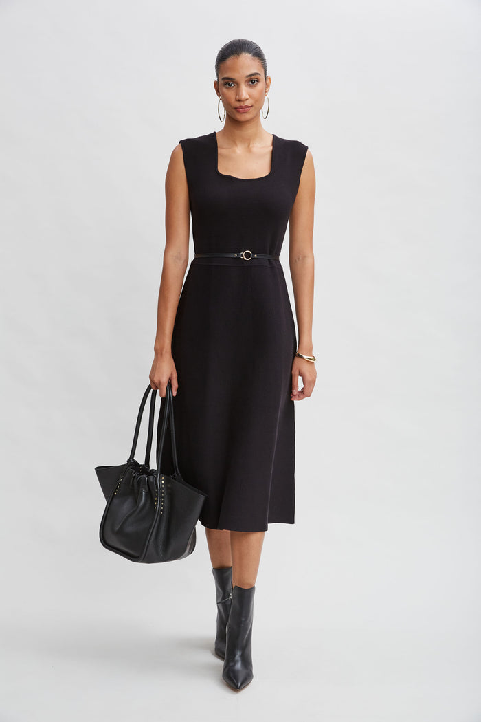 elie tahari Square Neck Belted Sweater Dress Noir
