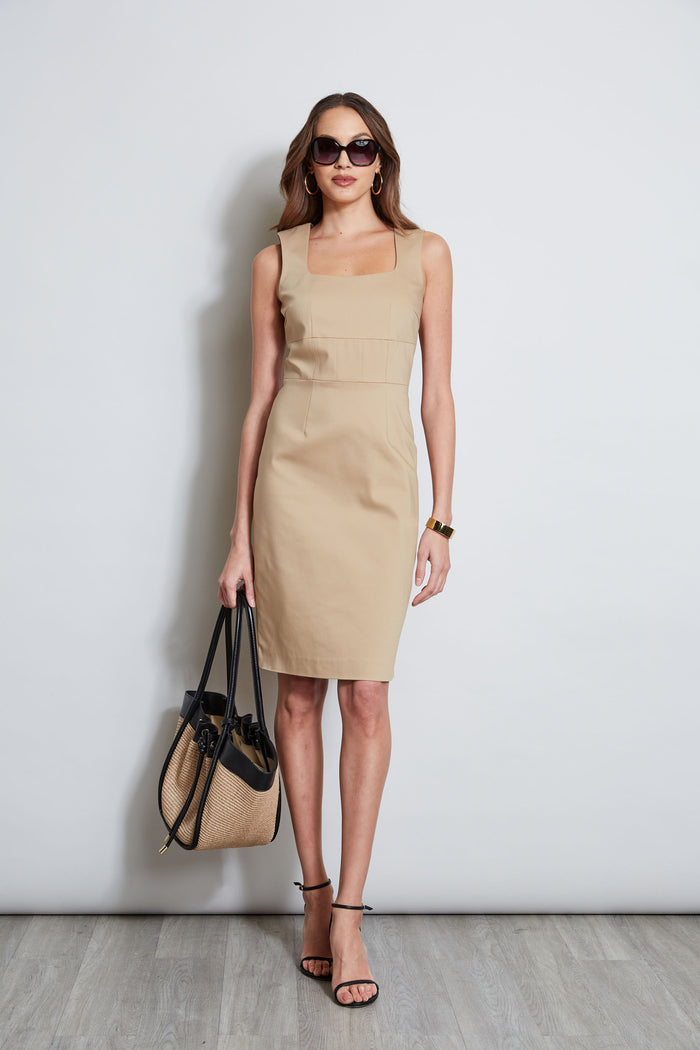 elie tahari Square Neck Slim Dress SANDCASTLE