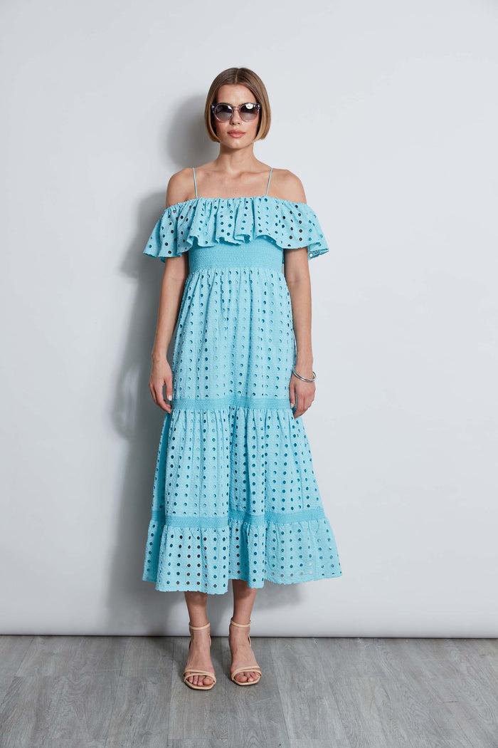 Elie Tahari T-Tahari Eyelet Maxi Dress BLUE HAZE