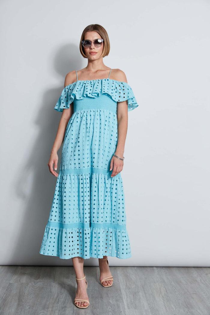 elie tahari T-Tahari Eyelet Maxi Dress BLUE HAZE