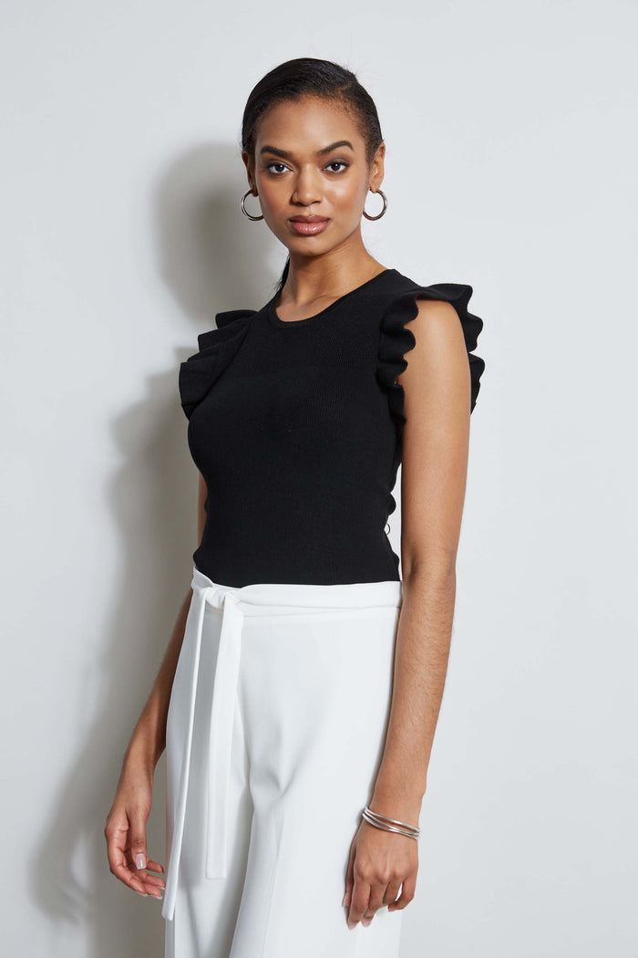 elie tahari T-Tahari Flutter Sleeve Knit BLACK
