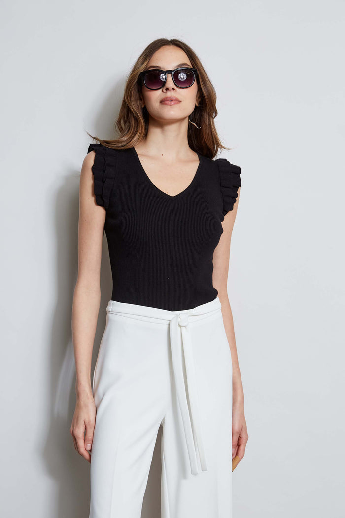 elie tahari T-Tahari Flutter Sleeve Knit BLACK