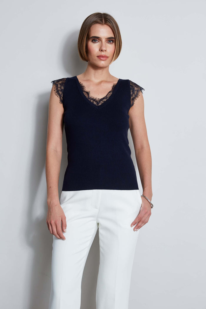 elie tahari T-Tahari Lace Trim Sweater NAVY