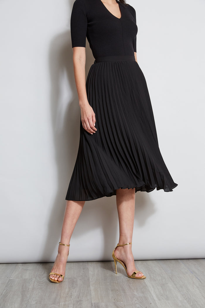 elie tahari T-Tahari Pleated Midi Skirt BLACK
