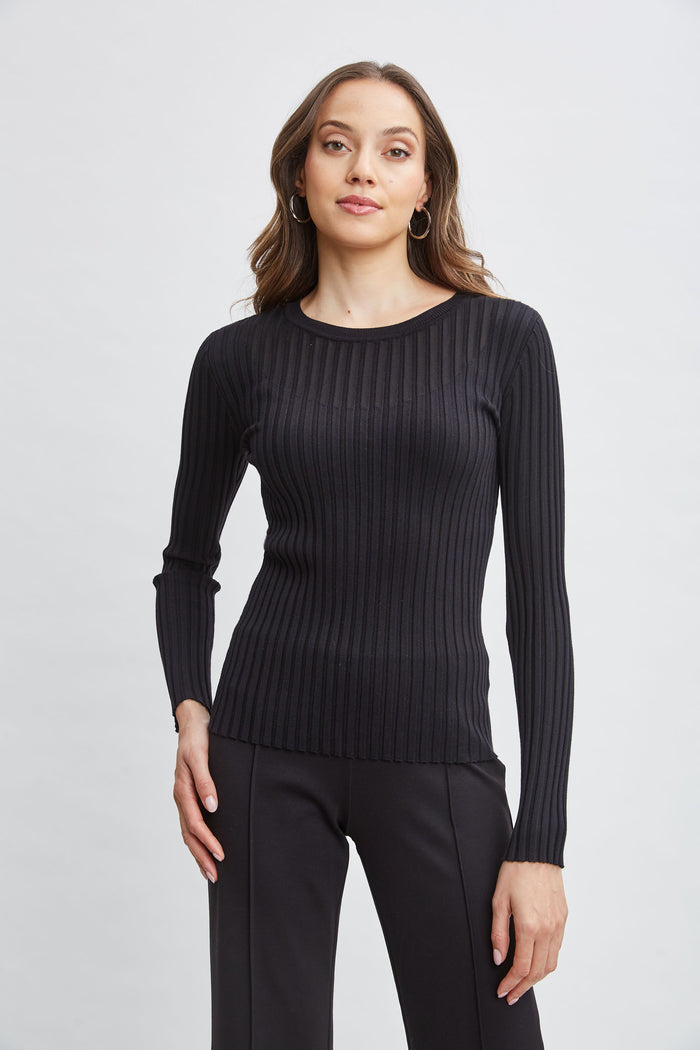 elie tahari T-Tahari Rib Mesh Sweater BLACK