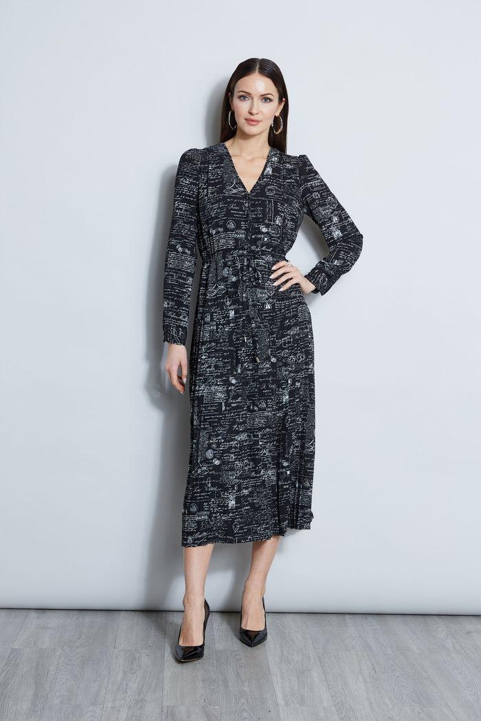 elie tahari T-Tahari Script Print Midi Dress BLACK