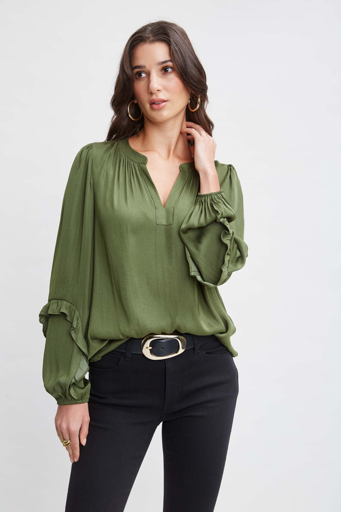 elie tahari T-Tahari Split Neck Shirt AUTUMN GREEN