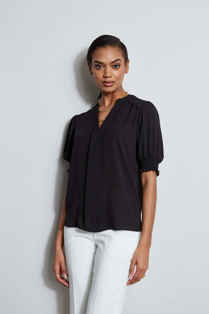 Elie Tahari T-Tahari Split Neck Top BLACK