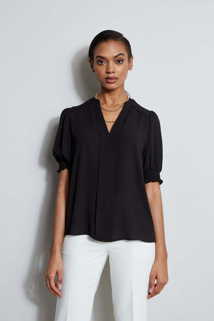 elie tahari T-Tahari Split Neck Top BLACK