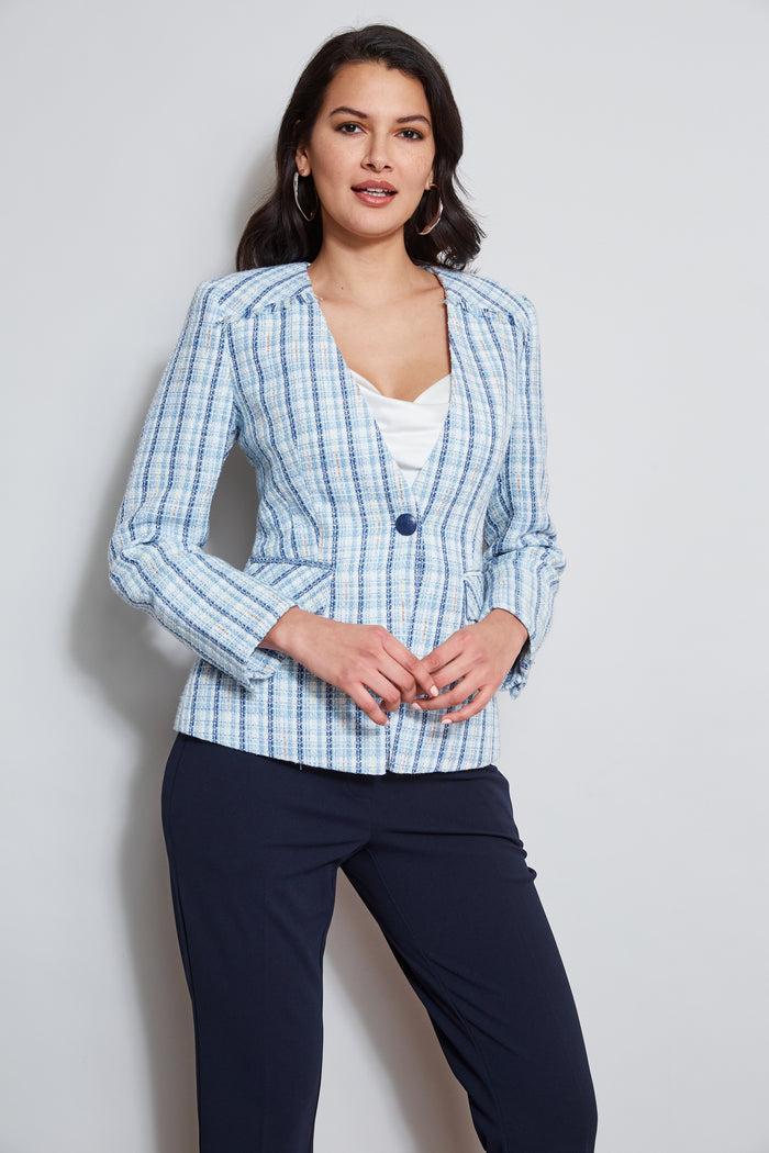 elie tahari T-Tahari Tweed Blazer MULTI BLUE TWEED