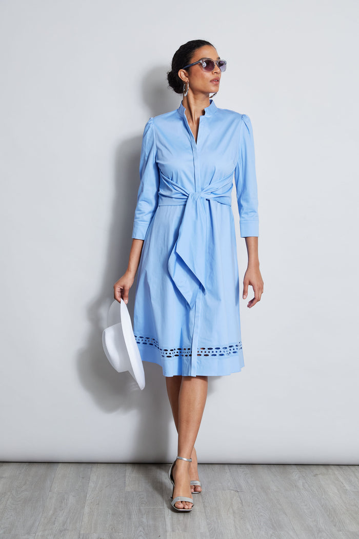 elie tahari Tie Cotton Midi Dress HORIZON BLUE