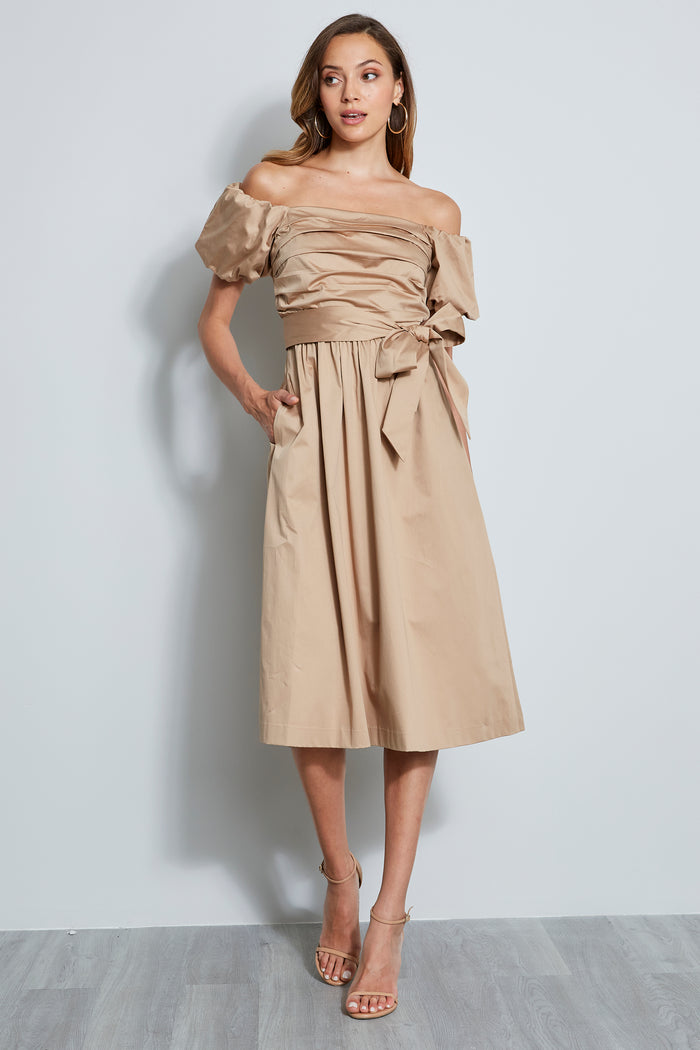 elie tahari Topaz Off Shoulder Midi Dress Rattan
