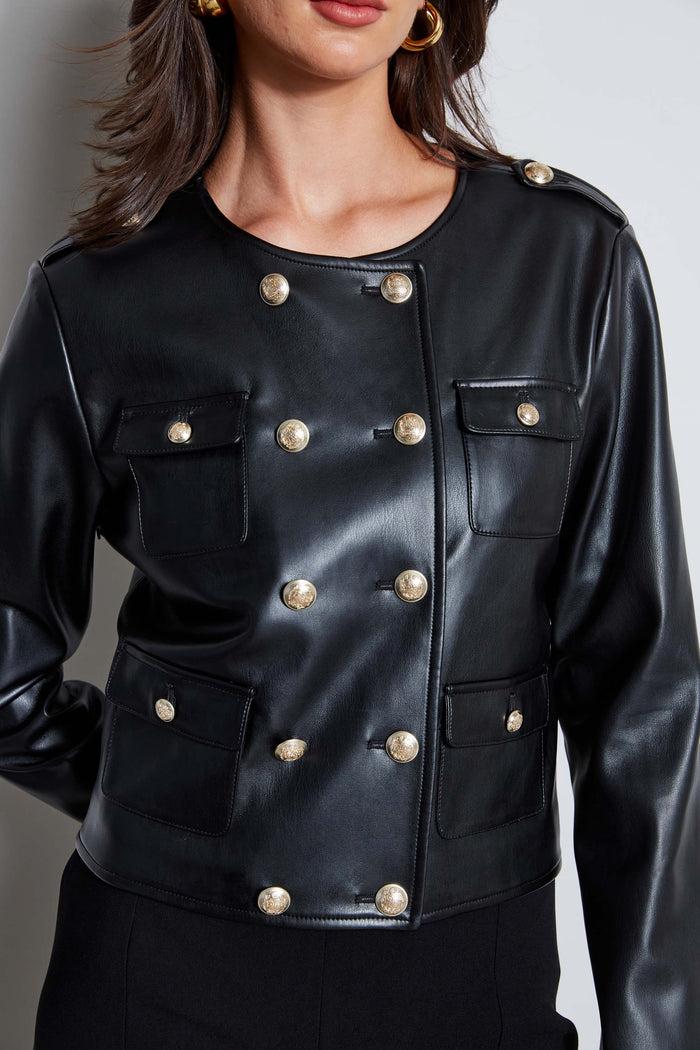 Elie Tahari Vegan Leather Crest Button Jacket Noir