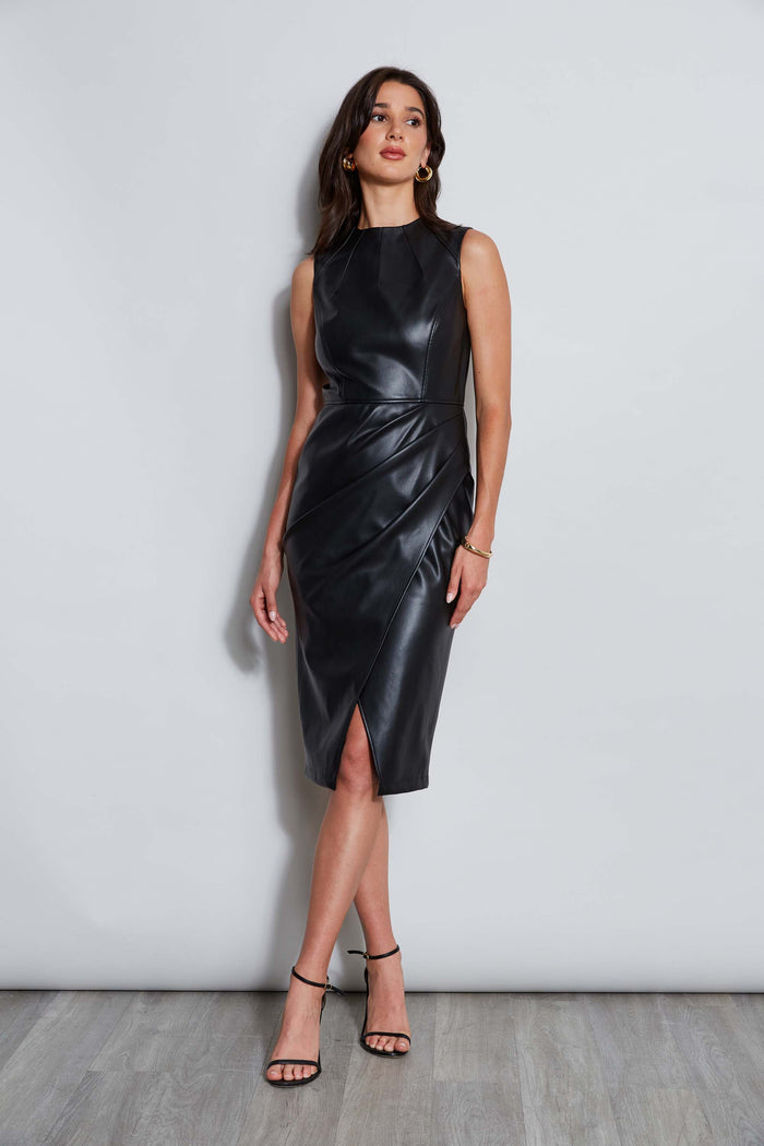 elie tahari Vegan Leather Dart Wrap Dress BLACK