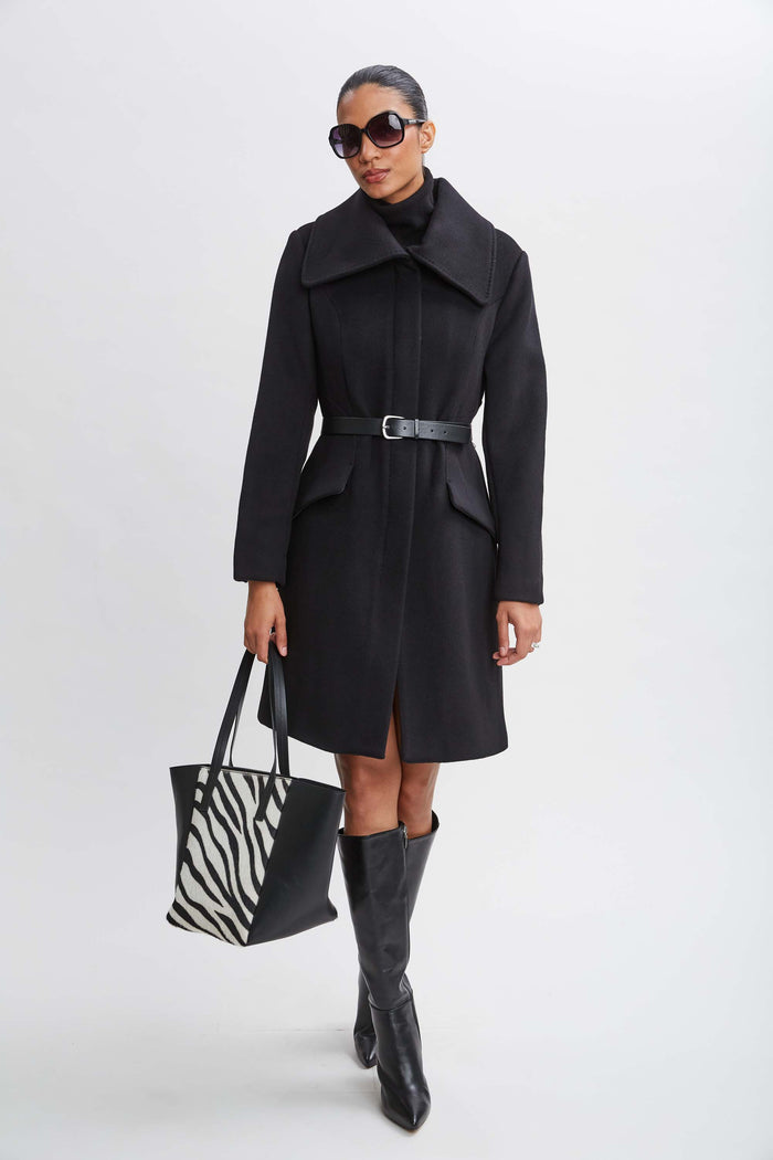 Elie Tahari Wool Belted Panel Coat BLACK