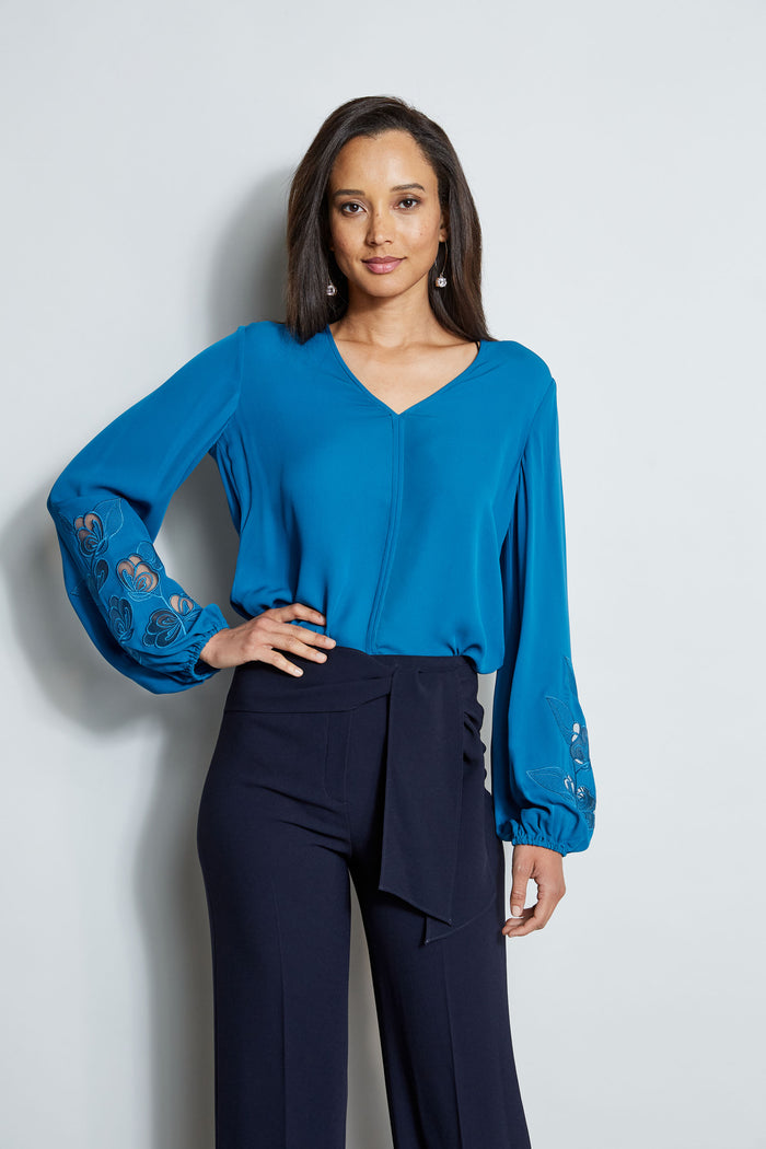elie tahari Embroidered Long Sleeve Shirt PACIFIC BLUE