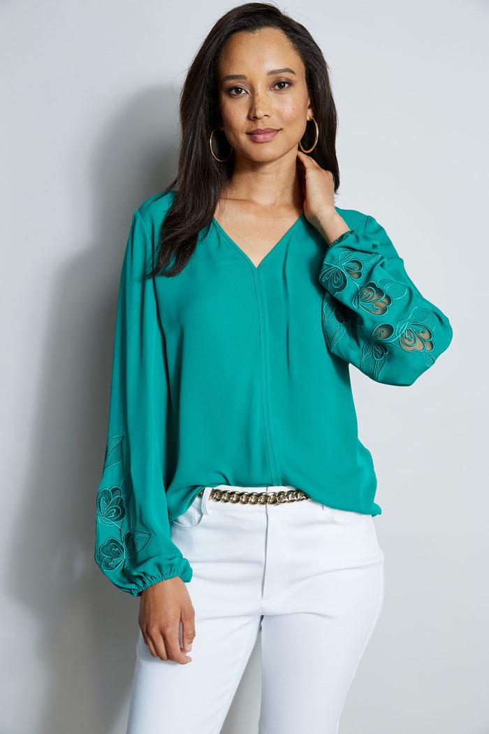 elie tahari Embroidered Long Sleeve Shirt TAHITI GREEN