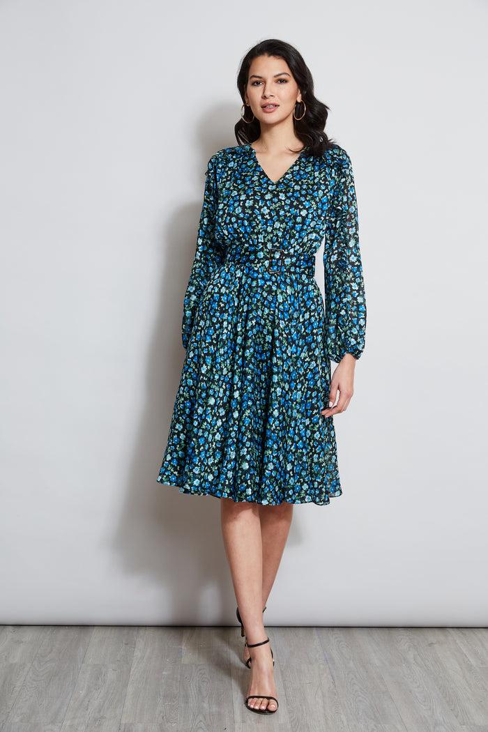 elie tahari Floral Long Sleeve Belted Dress FORGET ME NOT PRINT
