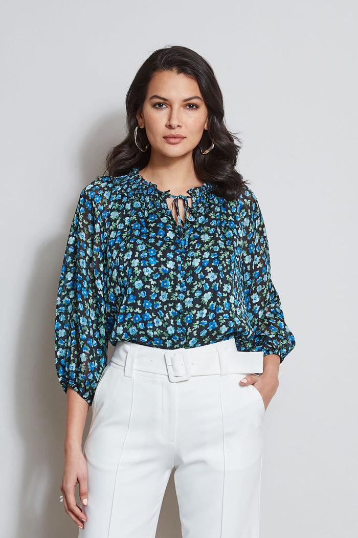 elie tahari Floral Neck Tie Shirt FORGET ME NOT PRINT