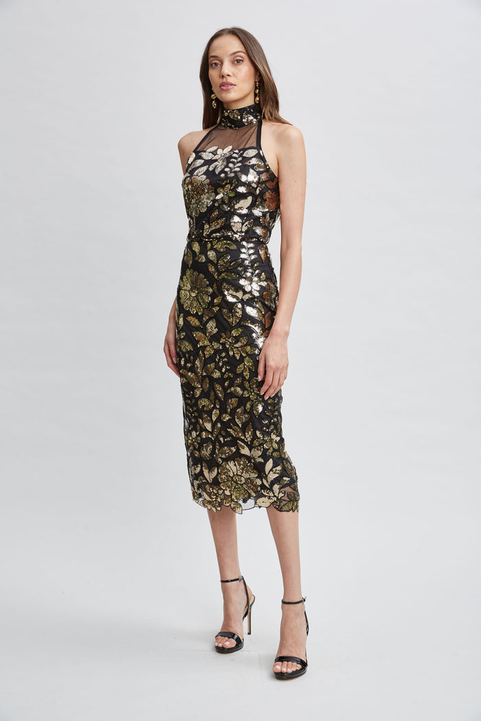 Elie Tahari Floral Sequin Halter Top CRESTED FLORAL SEQUIN