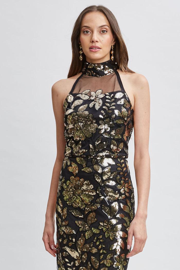 elie tahari Floral Sequin Halter Top CRESTED FLORAL SEQUIN