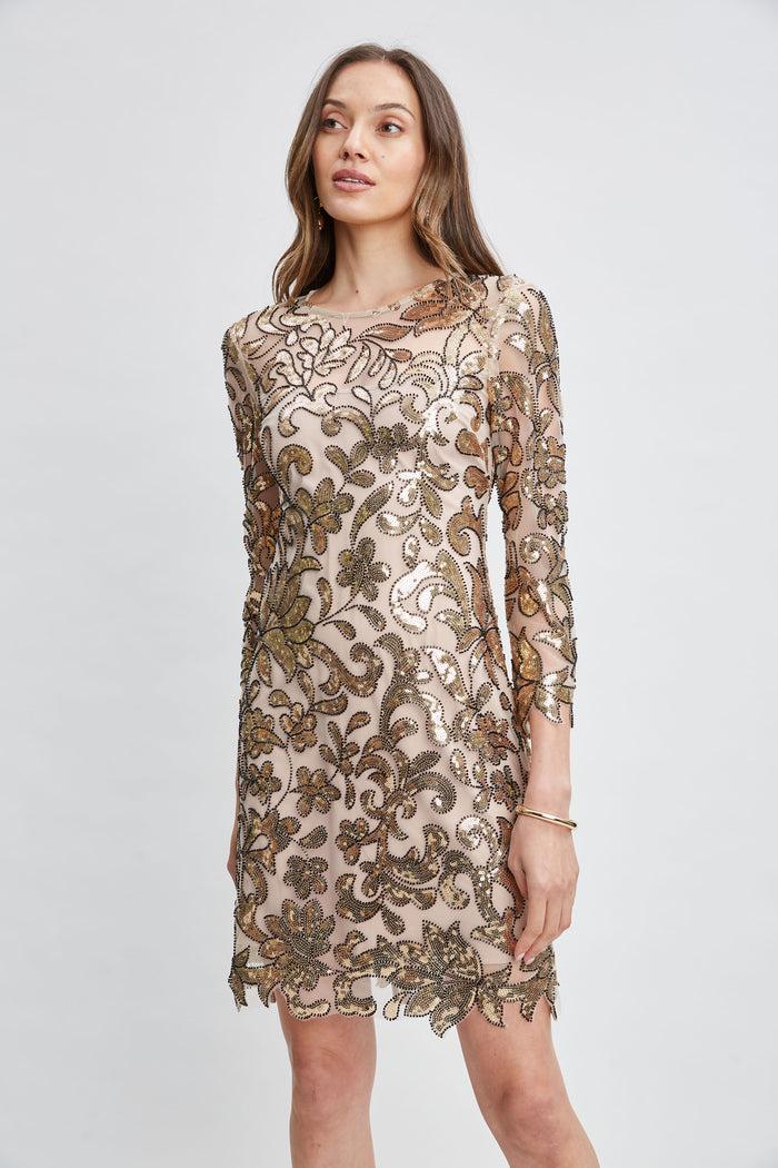 Elie Tahari Floral Sequin Long Sleeve Dress ANTIQUE GOLD