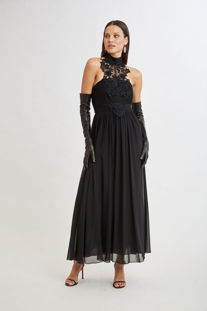 elie tahari Lace Applique Chiffon Halter Gown BLACK