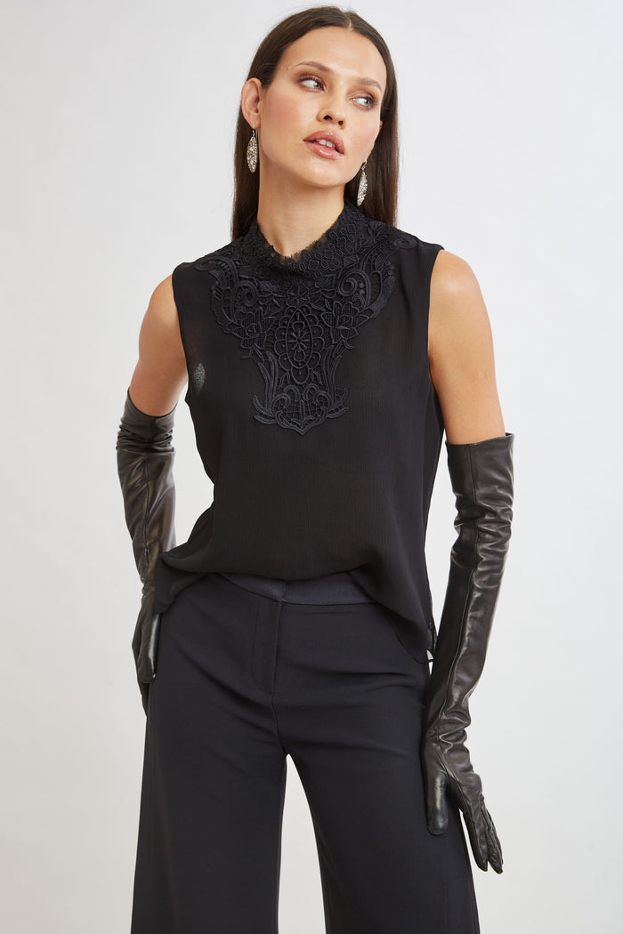 Elie Tahari Lace Insert Crinkle Silk Chiffon Shirt BLACK