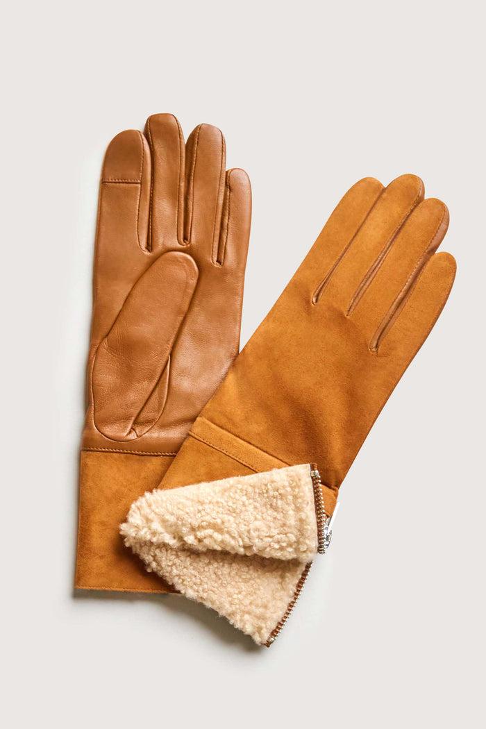elie tahari Leather Shearling Gloves LUGGAGE-NATURAL