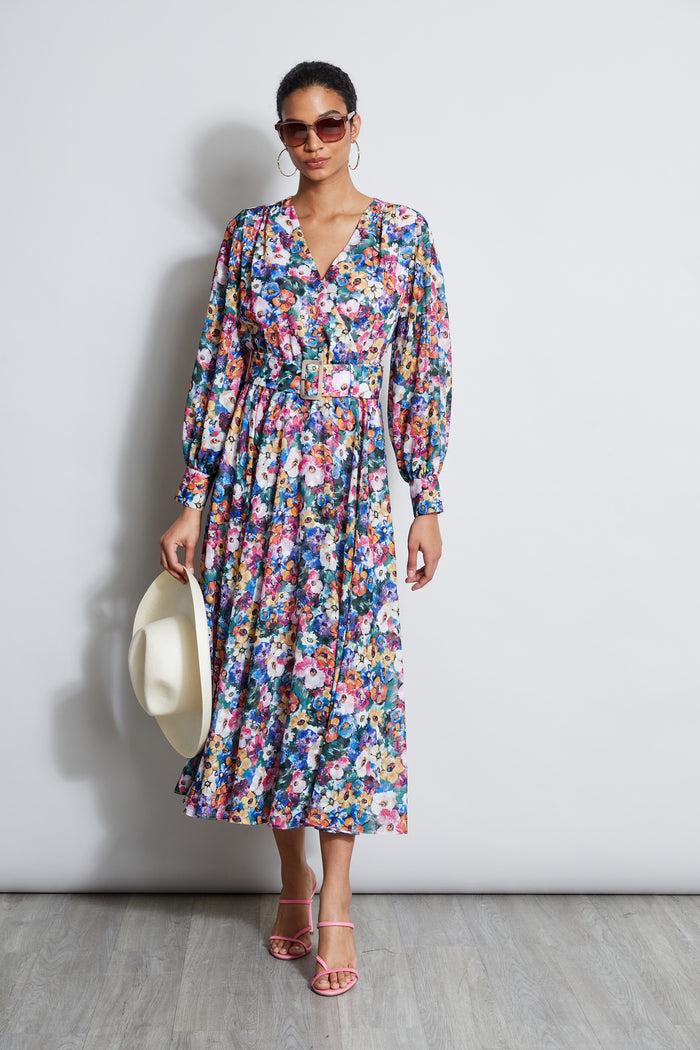 Elie Tahari Long Sleeve Floral Belted Dress CAMELLIA FLORAL