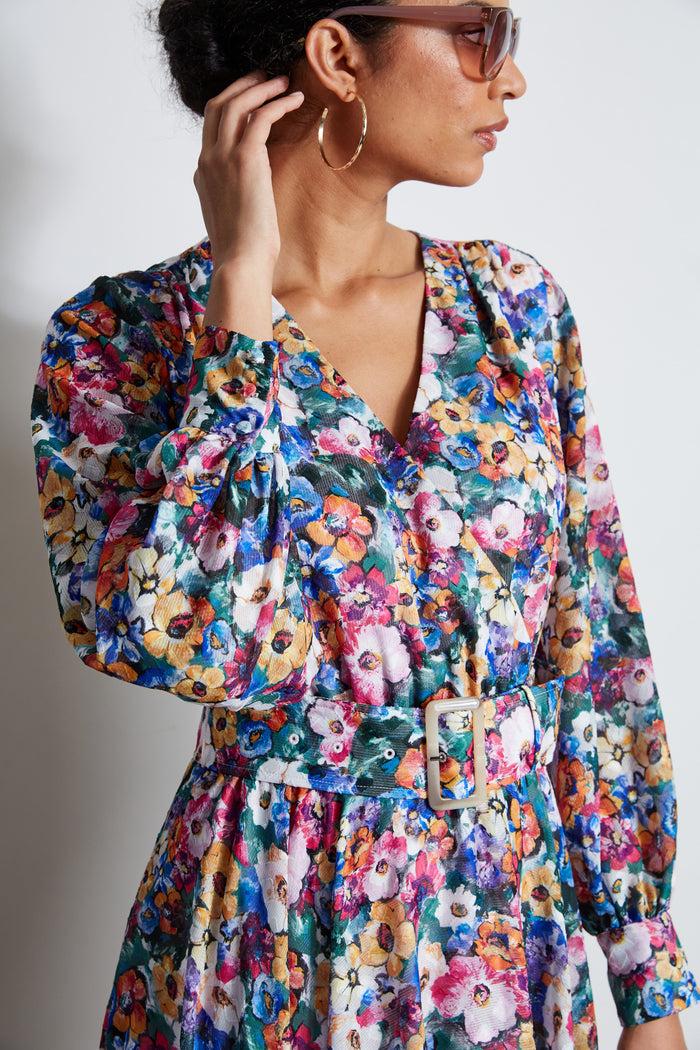Elie Tahari Long Sleeve Floral Belted Dress CAMELLIA FLORAL