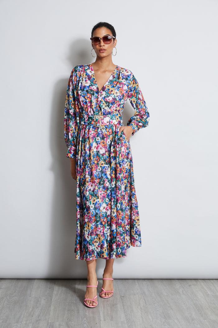 elie tahari Long Sleeve Floral Belted Dress CAMELLIA FLORAL