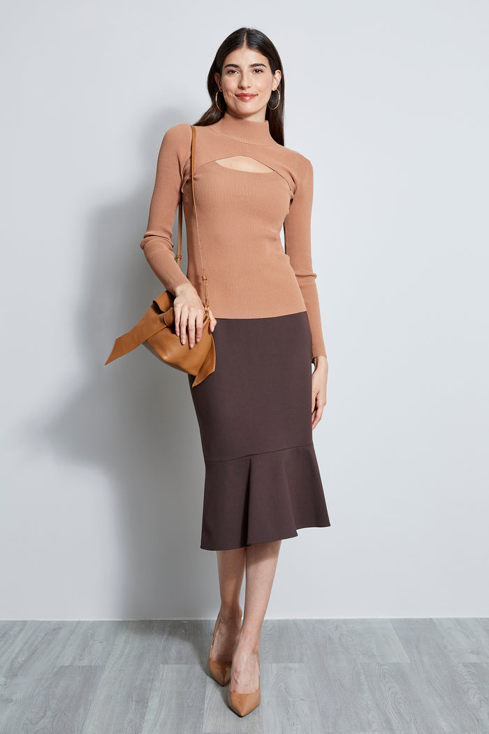Elie Tahari Long Sleeve Mock Neck Keyhole Sweater SADDLE