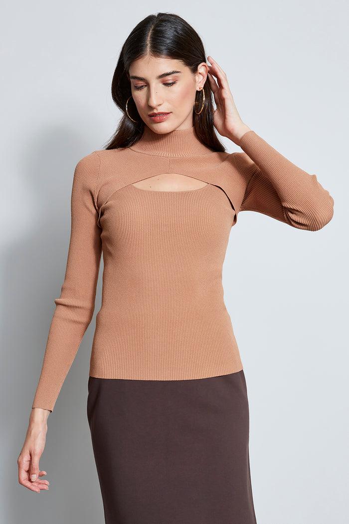 elie tahari Long Sleeve Mock Neck Keyhole Sweater SADDLE